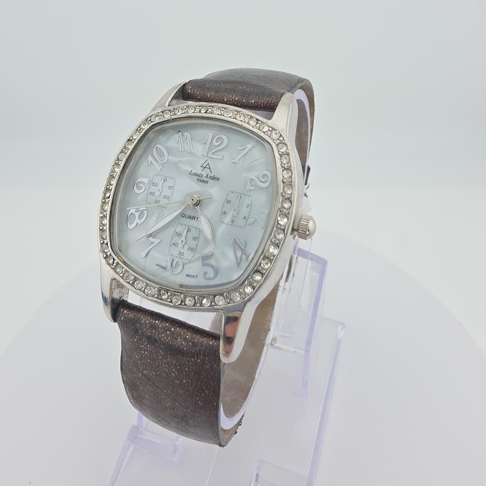 Vtg LOUIS ARDEN PARIS Ladies Watch Mother Of Pearl Crystal Bezel Silver Tone 8"